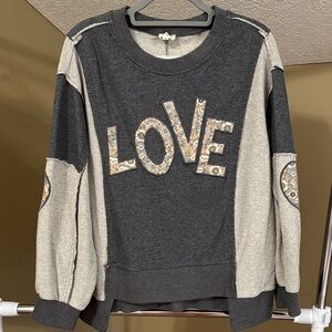 POL Floral 'LOVE' Patchwork Sweatshirt - Charcoal & Light Gray